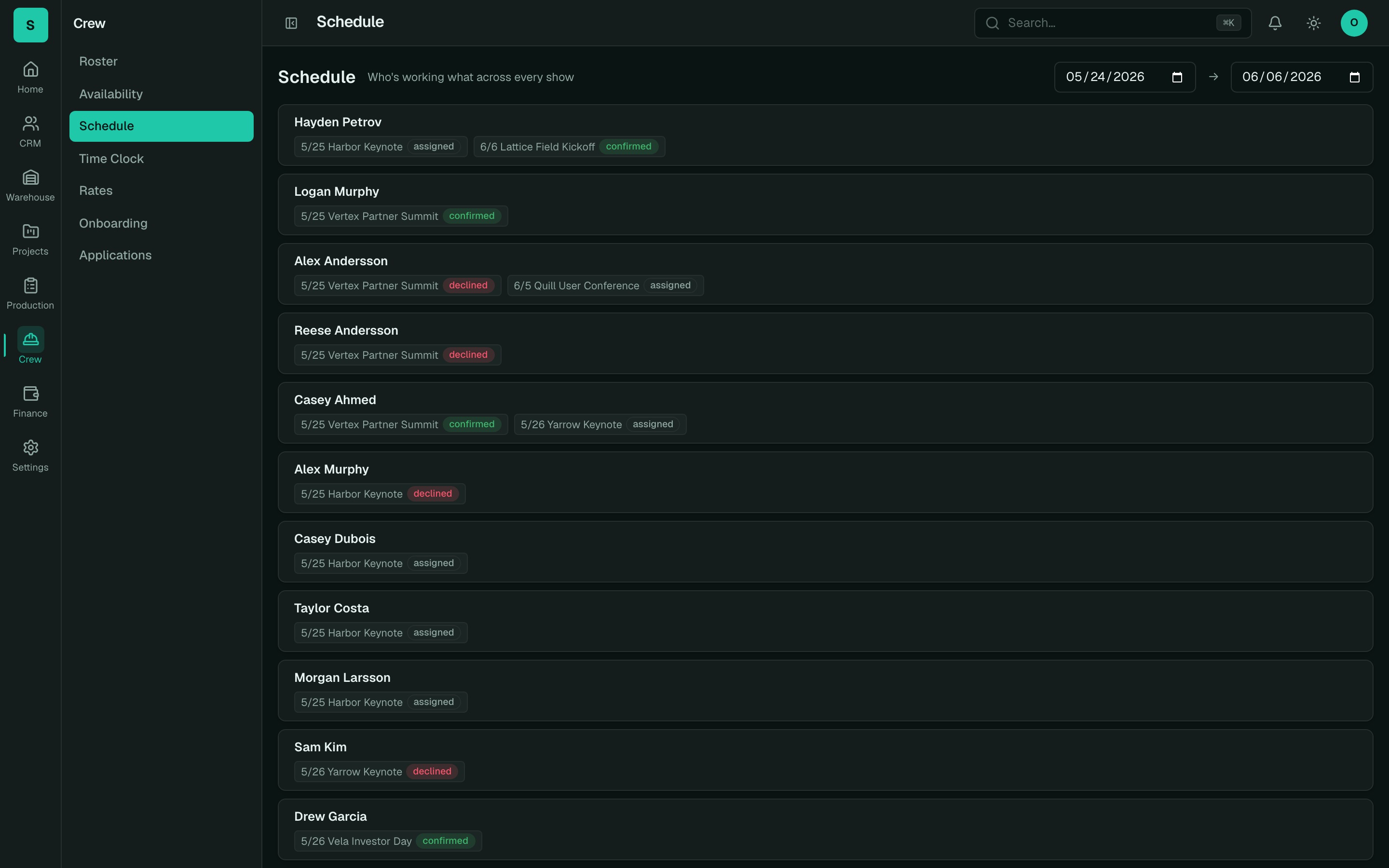 Crew schedule across every show with confirmation status per call