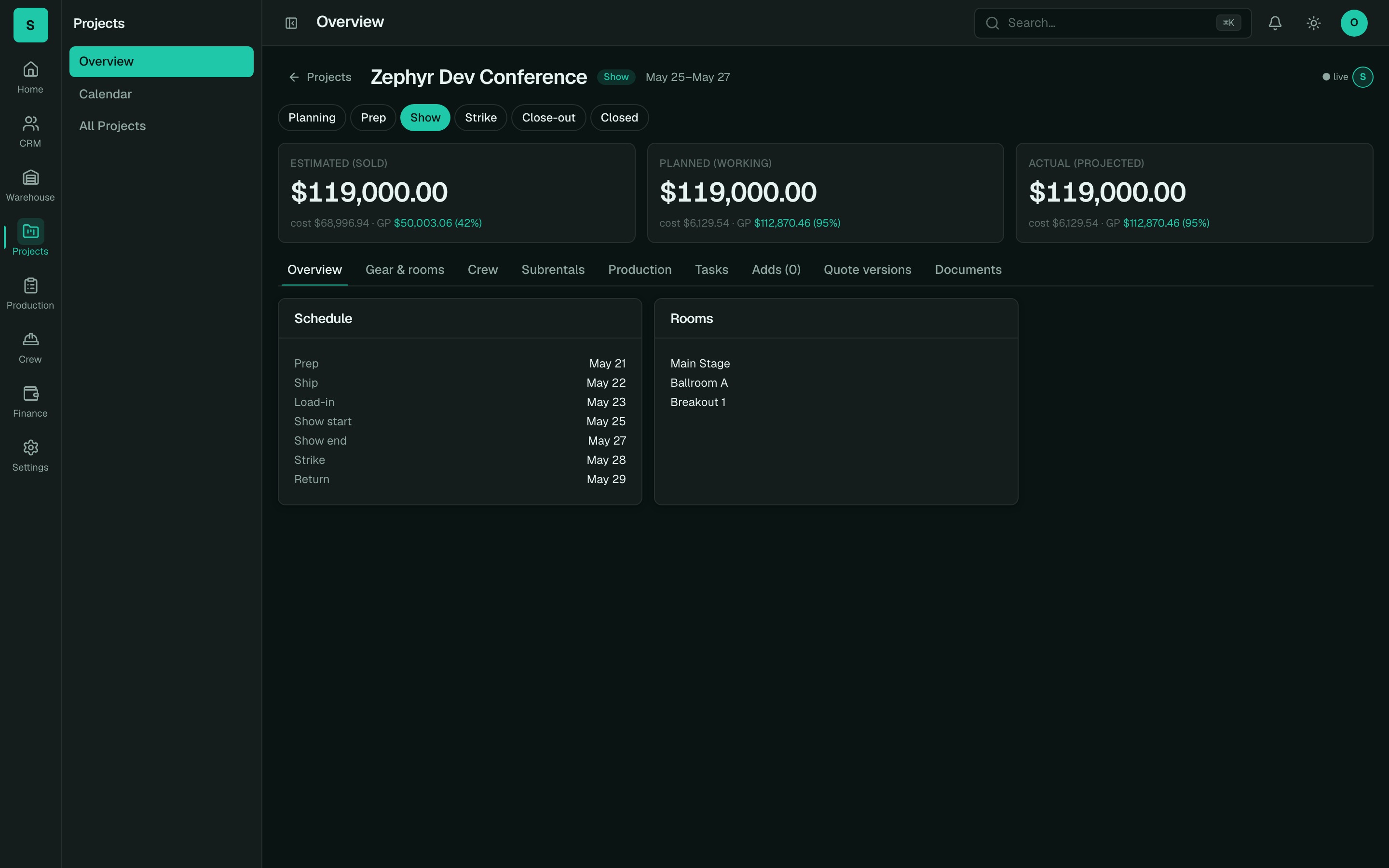 Project hub with estimated, planned, and actual gross profit